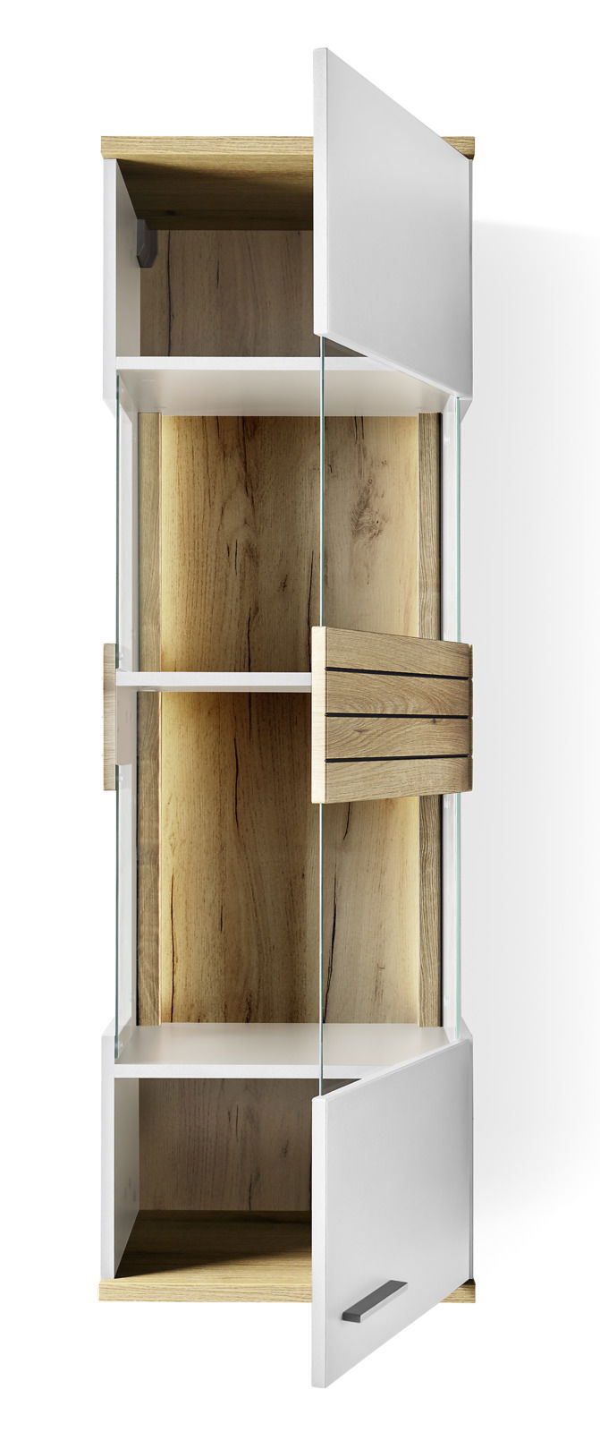 Hängevitrine aus Holz und Glas mit zwei offenen Türen, Ansicht von vorne