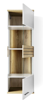 Hängevitrine aus Holz und Glas mit zwei offenen Türen, Ansicht von vorne