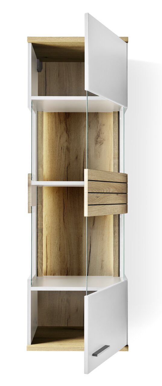 Hangvitrine van hout en glas met twee open deuren, vooraanzicht