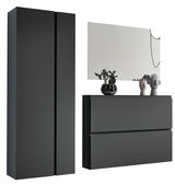 Modernes Garderobenset in dunklem Design mit großem Spiegel, zwei Schränken und dekorativen Elementen, Frontalansicht.