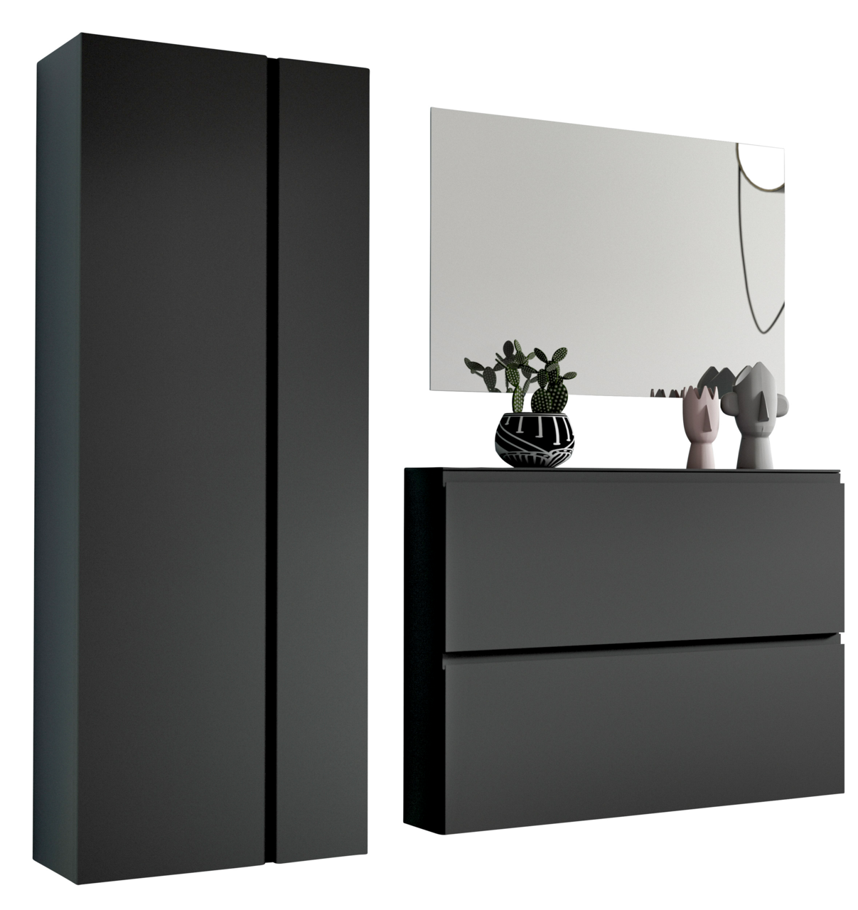 Moderano Garderoben-Set LECCO Modernes Garderobenset in dunklem Design mit großem Spiegel, zwei Schränken und dekorativen Elementen, Frontalansicht.