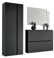 Modernes Garderobenset in dunklem Design mit großem Spiegel, zwei Schränken und dekorativen Elementen, Frontalansicht.