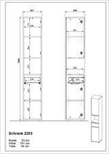 Technische Zeichnung eines Hochschranks mit den Maßen: Breite 33 cm, Höhe 181 cm, Tiefe 34 cm. Front- und Seitenansicht des Schranks mit mehreren Fächern. Perspektive von vorne und seitlich.