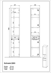 Technische Zeichnung eines Hochschranks mit den Maßen: Breite 33 cm, Höhe 181 cm, Tiefe 34 cm. Front- und Seitenansicht des Schranks mit mehreren Fächern. Perspektive von vorne und seitlich.