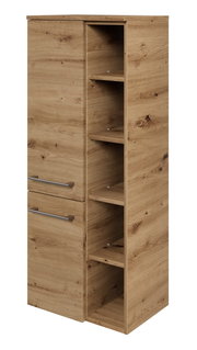 Midischrank aus Holz mit zwei Türen und offenen Regalfächern, seitliche Perspektive