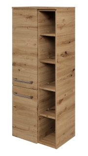 Houten kast met twee deuren en open planken, zijaanzicht