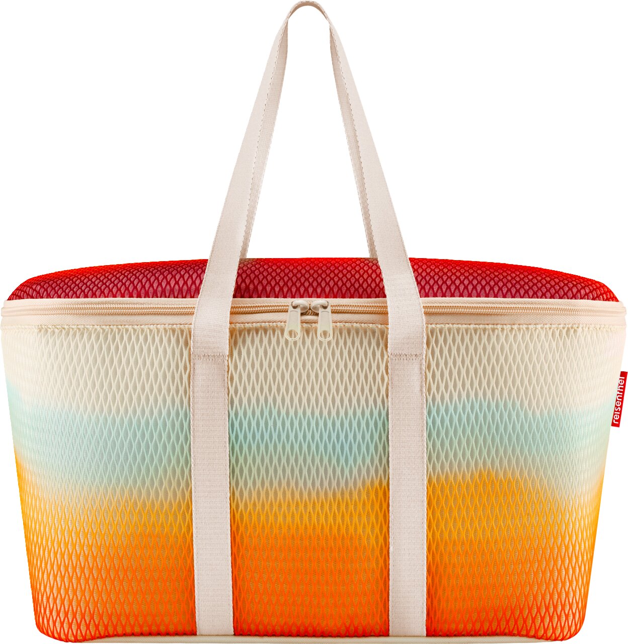 Große Reisenthel Kühltasche mit Reißverschluss, weißem Tragegriff und Netz-Design in Farbverlauf (Rot, Türkis, Orange), frontal aus der Vorderansicht vor weißem Hintergrund.