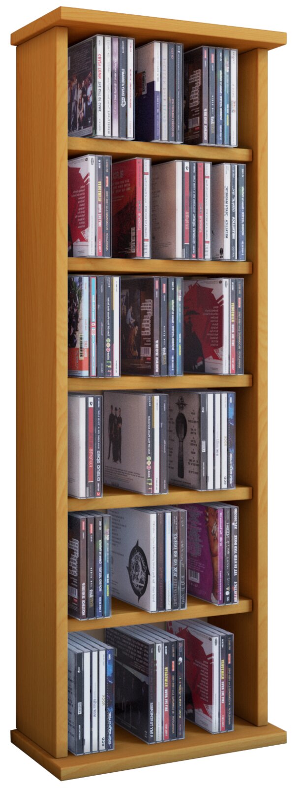 Hohes, schmales CD-Regal aus hellem Holz mit mehreren Ablageböden, gefüllt mit CD-Hüllen Ansicht schräg von vorne (Front-/Seitenperspektive)