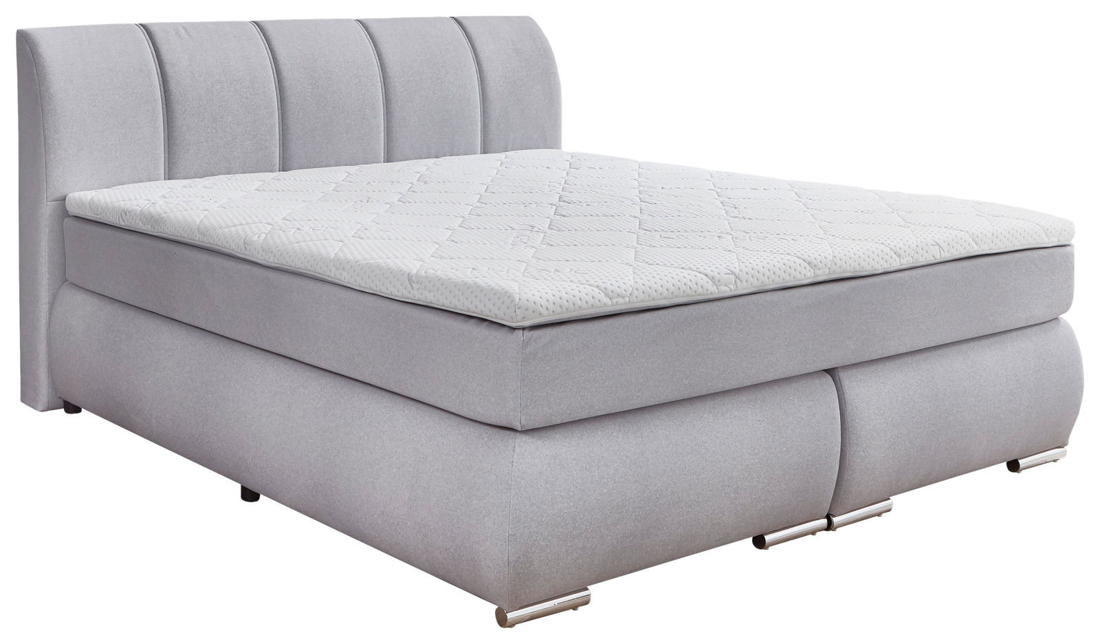 Graues Boxspringbett mit gestepptem Kopfteil, seitliche Perspektive