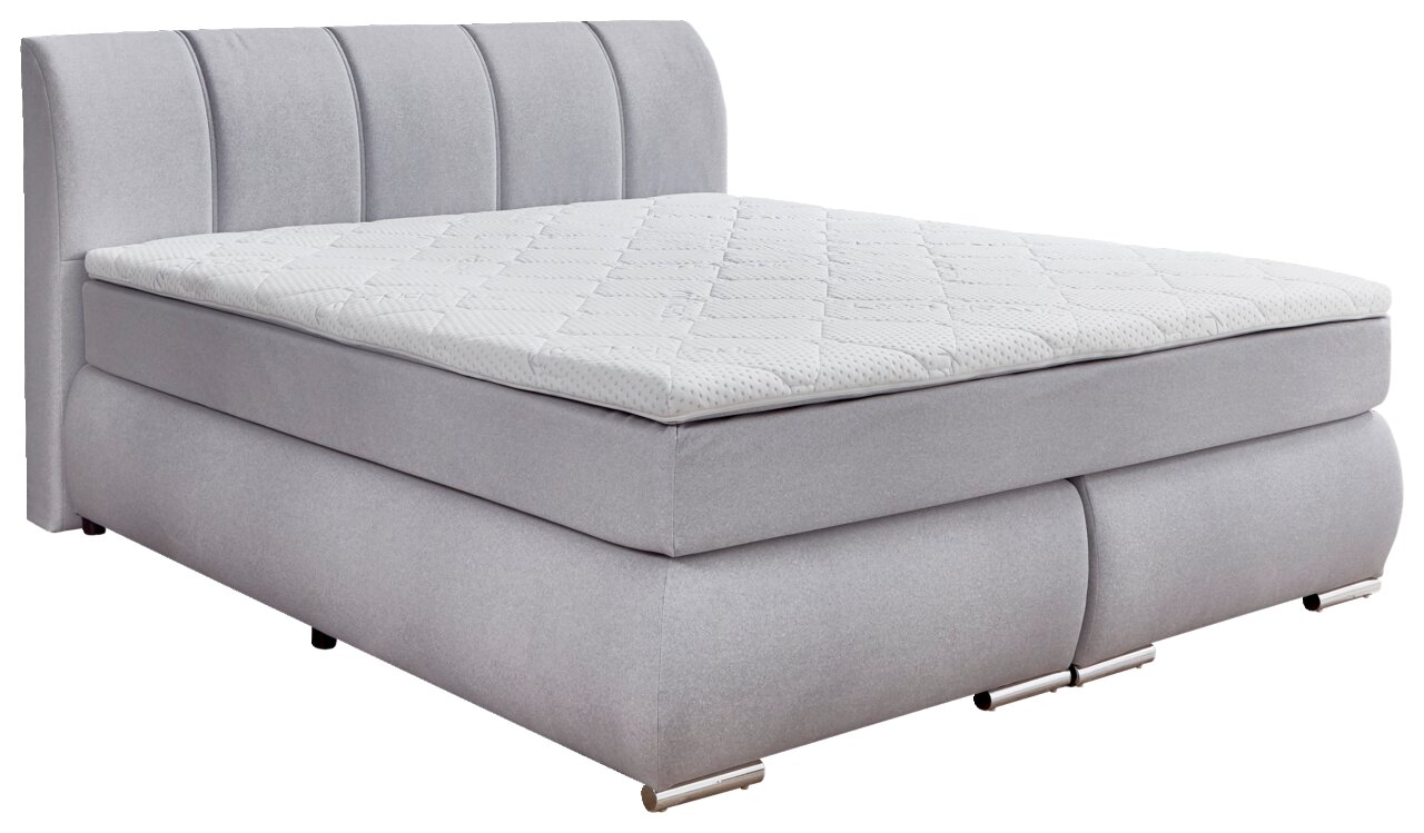 Graues Boxspringbett mit gestepptem Kopfteil, seitliche Perspektive