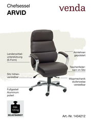 Chefsessel ARVID in seitlicher Perspektive, mit gepolsterten Armlehnen, Lendenwirbelunterstützung in S-Form, höhenverstellbarem Sitz, Taschenfederkern im Sitz, stufenweise verstellbarer Wippmechanik und poliertem Aluminium-Fußgestell. Belastbarkeit bis 12