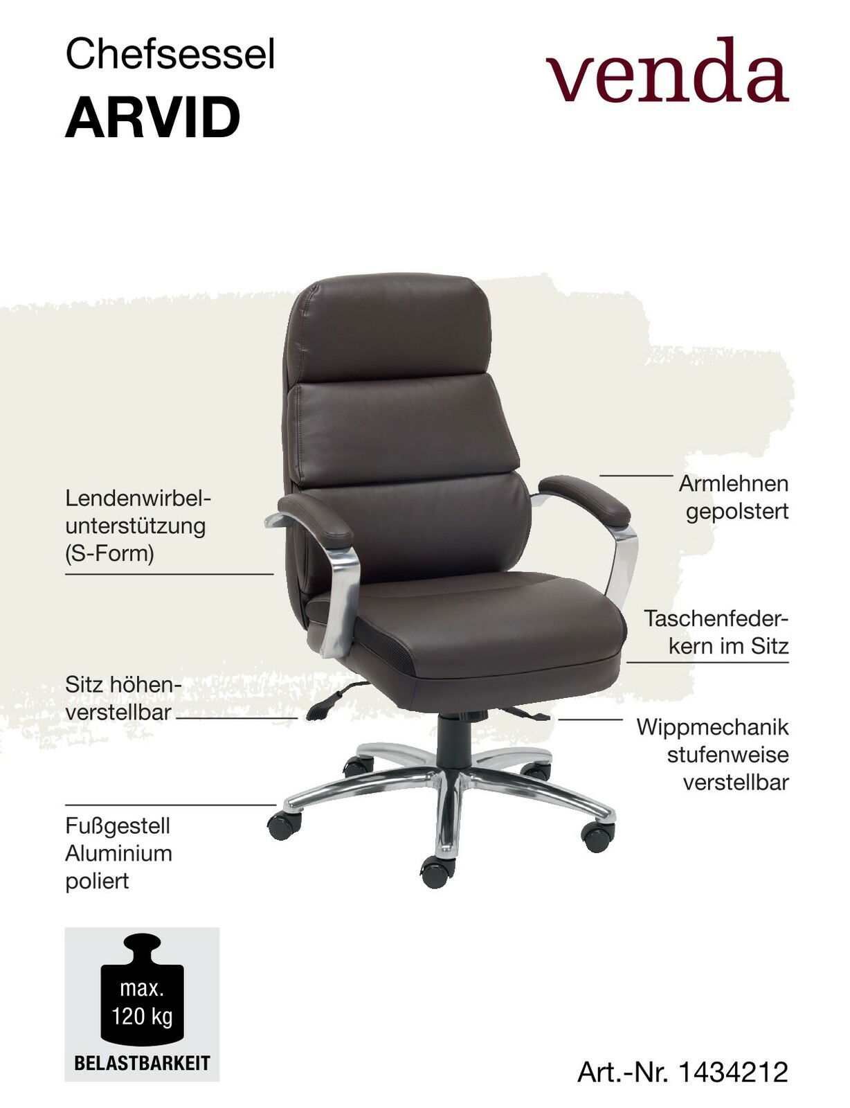 Chefsessel ARVID in seitlicher Perspektive, mit gepolsterten Armlehnen, Lendenwirbelunterstützung in S-Form, höhenverstellbarem Sitz, Taschenfederkern im Sitz, stufenweise verstellbarer Wippmechanik und poliertem Aluminium-Fußgestell. Belastbarkeit bis 12