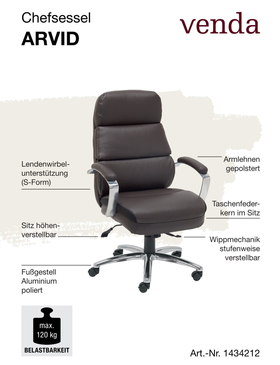 Chefsessel ARVID in seitlicher Perspektive, mit gepolsterten Armlehnen, Lendenwirbelunterstützung in S-Form, höhenverstellbarem Sitz, Taschenfederkern im Sitz, stufenweise verstellbarer Wippmechanik und poliertem Aluminium-Fußgestell. Belastbarkeit bis 12