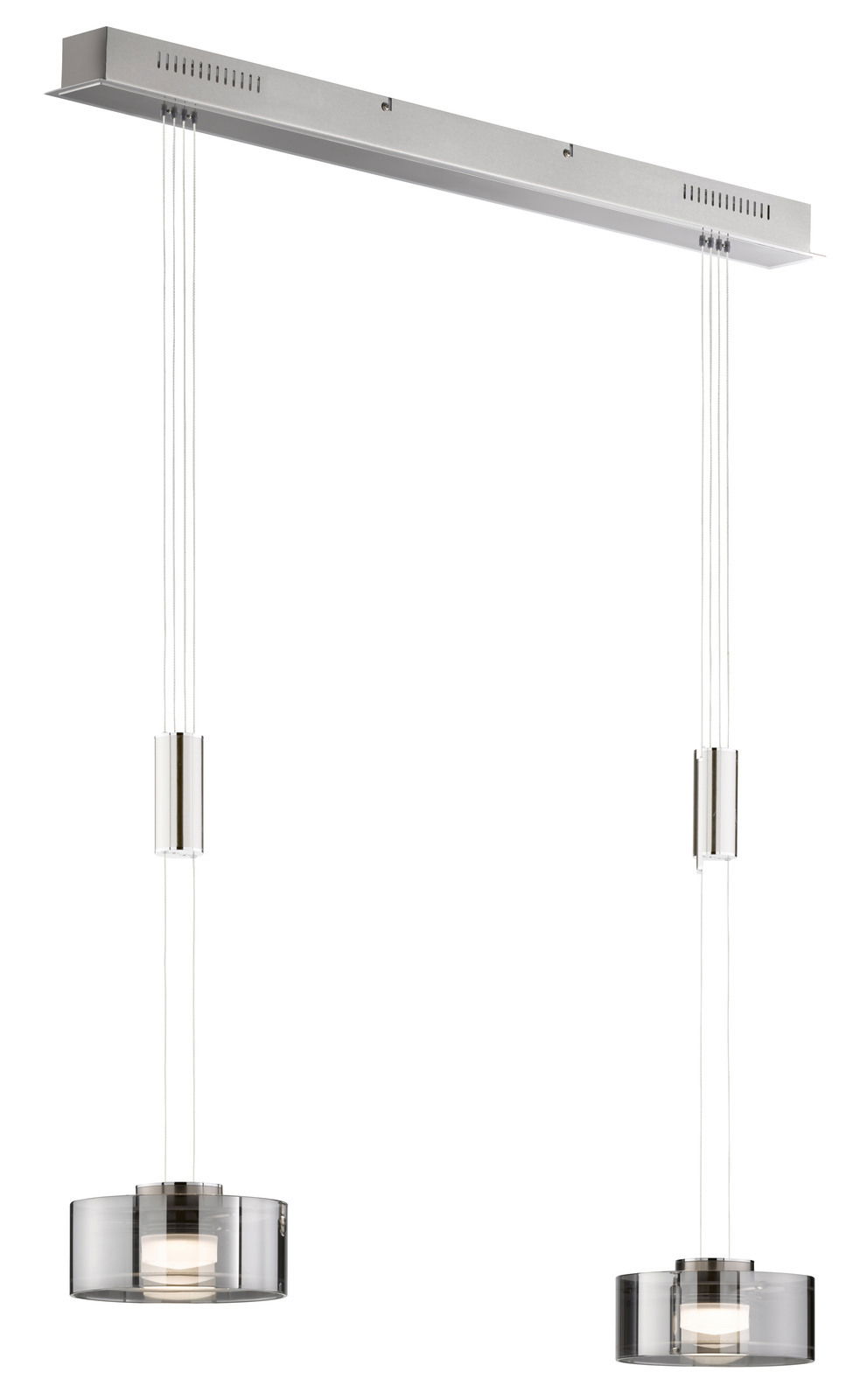Moderne Pendelleuchte Lavin mit zwei zylindrischen Lampenschirmen aus Glas, aufgehängt an einem rechteckigen Deckenbalken. Seitenansicht.