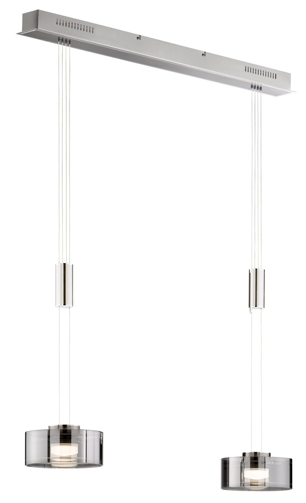 Fischer & Honsel Pendelleuchte LAVIN Moderne Pendelleuchte Lavin mit zwei zylindrischen Lampenschirmen aus Glas, aufgehängt an einem rechteckigen Deckenbalken. Seitenansicht.