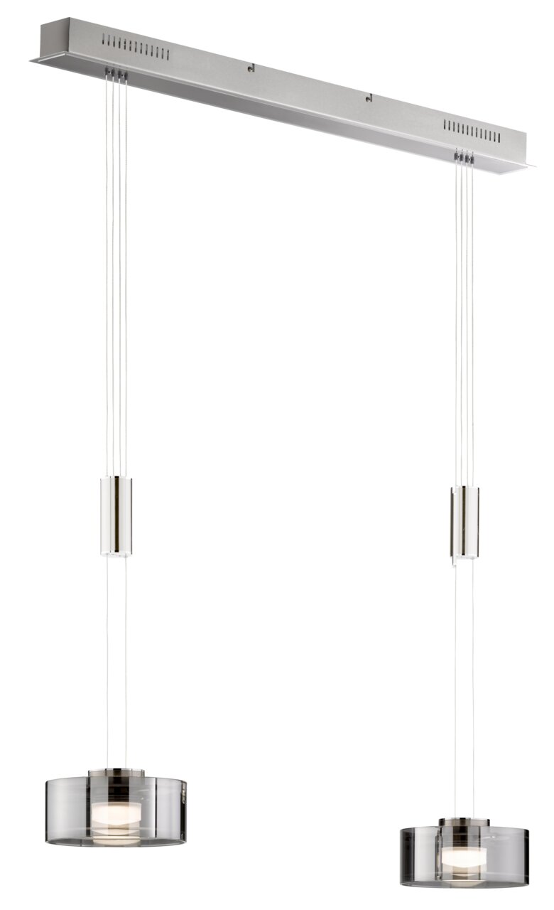 Fischer & Honsel Pendelleuchte LAVIN Moderne Pendelleuchte Lavin mit zwei zylindrischen Lampenschirmen aus Glas, aufgehängt an einem rechteckigen Deckenbalken. Seitenansicht.