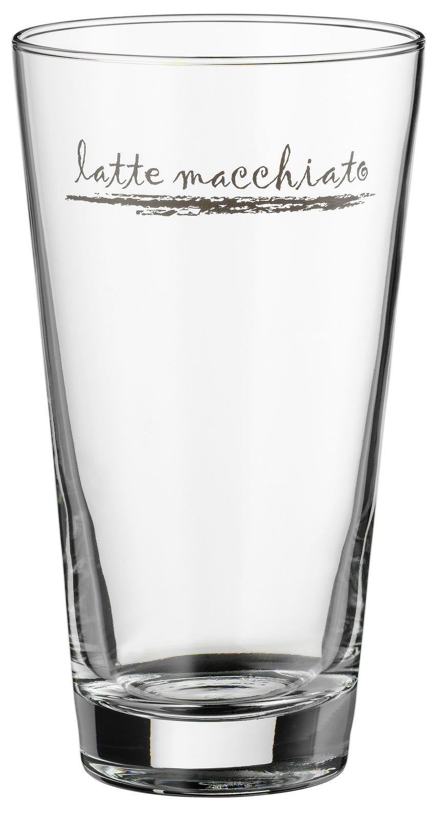 Latte Macchiato-Glas, frontal fotografiert, mit Schriftzug 'latte macchiato' in eleganter Schrift.