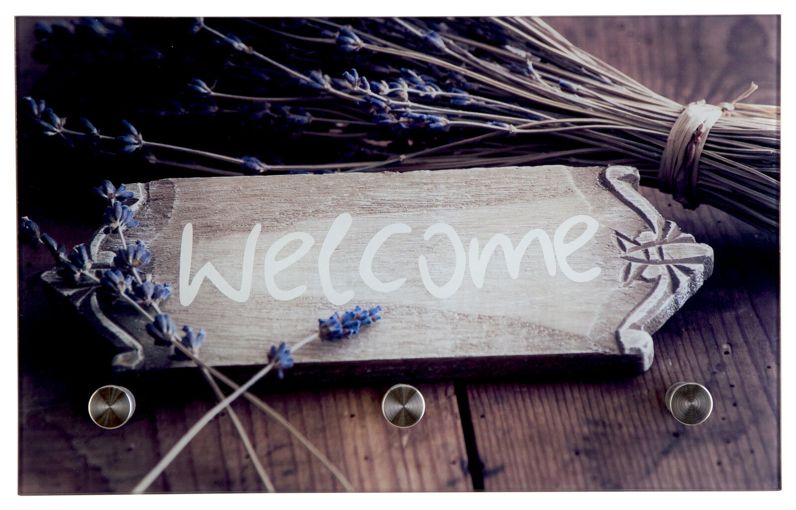 Glasgarderobe mit Holzschild und Lavendel, Aufschrift 'Welcome', Perspektive von vorne