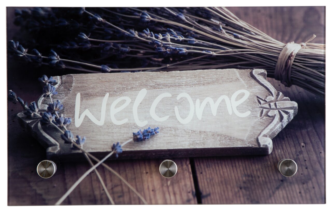 BOXXX Glasgarderobe PEPE Glasgarderobe mit Holzschild und Lavendel, Aufschrift 'Welcome', Perspektive von vorne