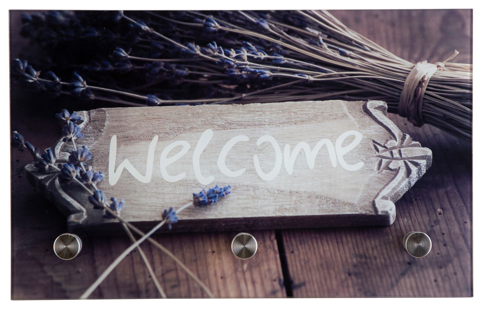 Glasgarderobe mit Holzschild und Lavendel, Aufschrift 'Welcome', Perspektive von vorne