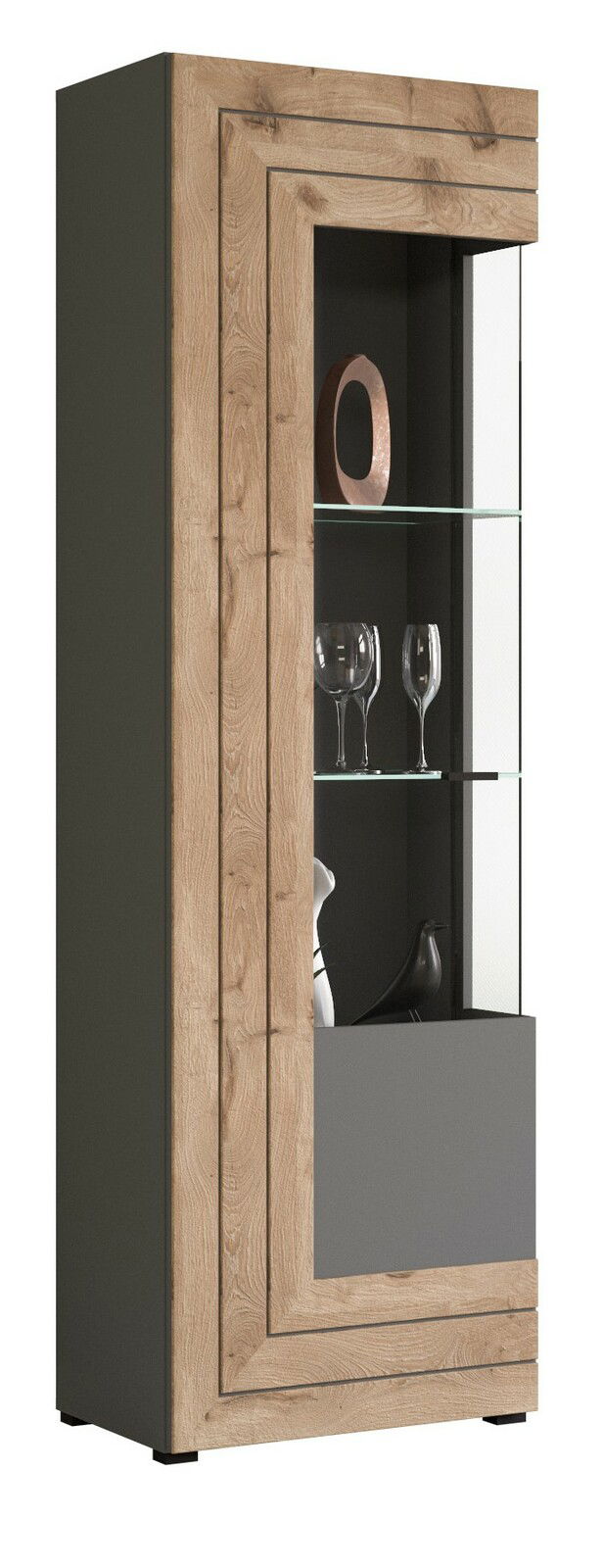 MID.YOU Vitrine FRENO Vitrine aus Holz und Glas mit moderner Frontansicht, dekoriert mit Gläsern und Dekorationsobjekten.