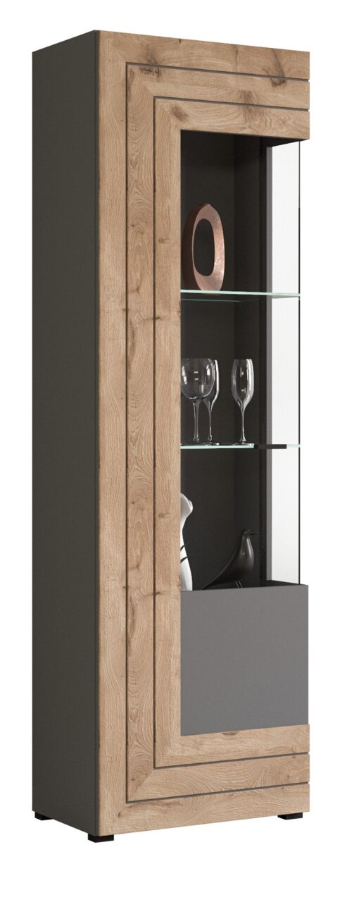 Vitrine aus Holz und Glas mit moderner Frontansicht, dekoriert mit Gläsern und Dekorationsobjekten.