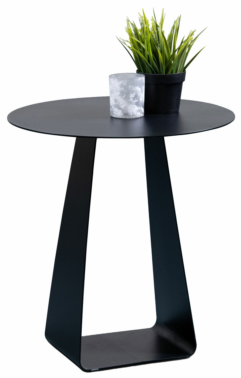 Moderner schwarzer Beistelltisch mit runder Tischplatte, dekoriert mit einer Pflanze und einer Kerze, seitliche Perspektive.