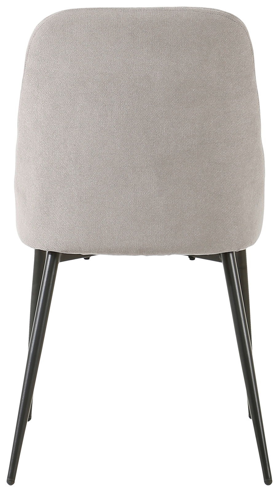 Rückansicht eines modernen Stuhls mit grauem Stoffbezug und schwarzen Metallbeinen