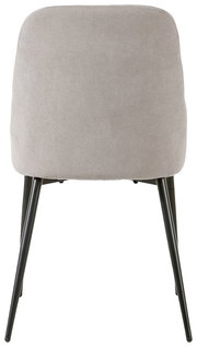 Rückansicht eines modernen Stuhls mit grauem Stoffbezug und schwarzen Metallbeinen