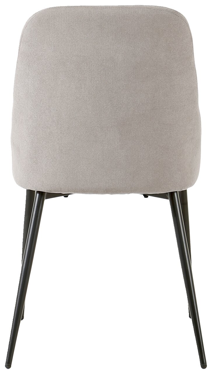 Rückansicht eines modernen Stuhls mit grauem Stoffbezug und schwarzen Metallbeinen