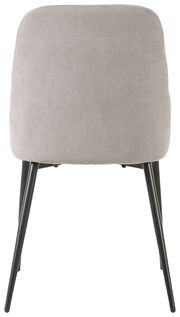 Rückansicht eines modernen Stuhls mit grauem Stoffbezug und schwarzen Metallbeinen