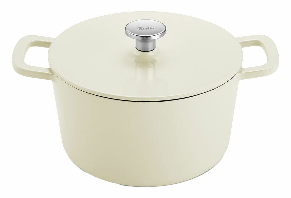 Runder weißer Bräter mit Deckel und zwei Griffen, seitliche Perspektive