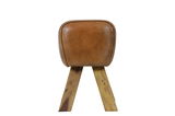 Hocker mit braunem Lederbezug und Holzbeinen, seitliche Perspektive
