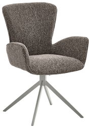 Grauer Armlehnstuhl mit Stoffbezug und Metallgestell, seitliche Perspektive