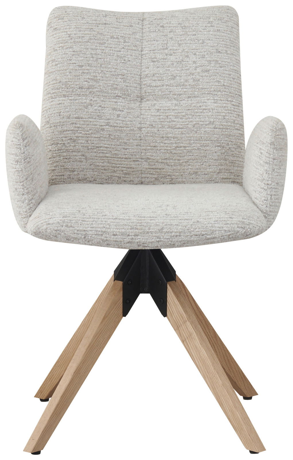 Frontansicht eines modernen Armlehnstuhls mit hellgrauem Stoffbezug und Holzbeinen, Modell DUSTIN.