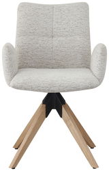 Frontansicht eines modernen Armlehnstuhls mit hellgrauem Stoffbezug und Holzbeinen, Modell DUSTIN.