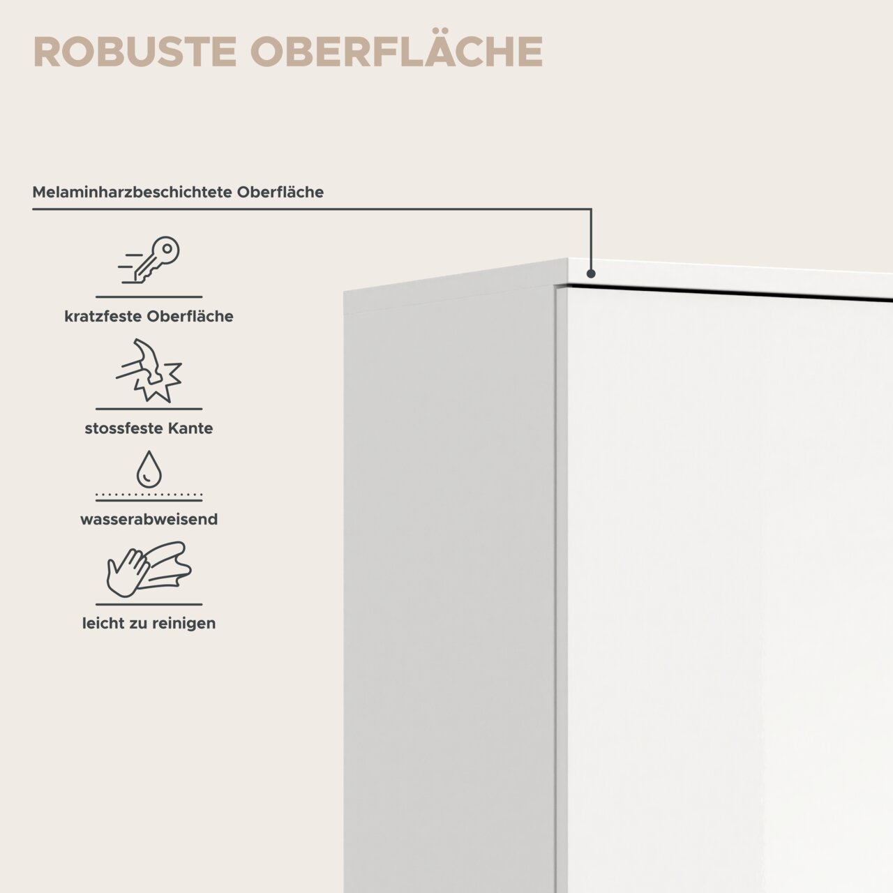 Nahaufnahme einer Garderobenkombination mit robuster, melaminharzbeschichteter Oberfläche, die kratzfest, stoßfest, wasserabweisend und leicht zu reinigen ist.