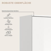 Nahaufnahme einer Garderobenkombination mit robuster, melaminharzbeschichteter Oberfläche, die kratzfest, stoßfest, wasserabweisend und leicht zu reinigen ist.