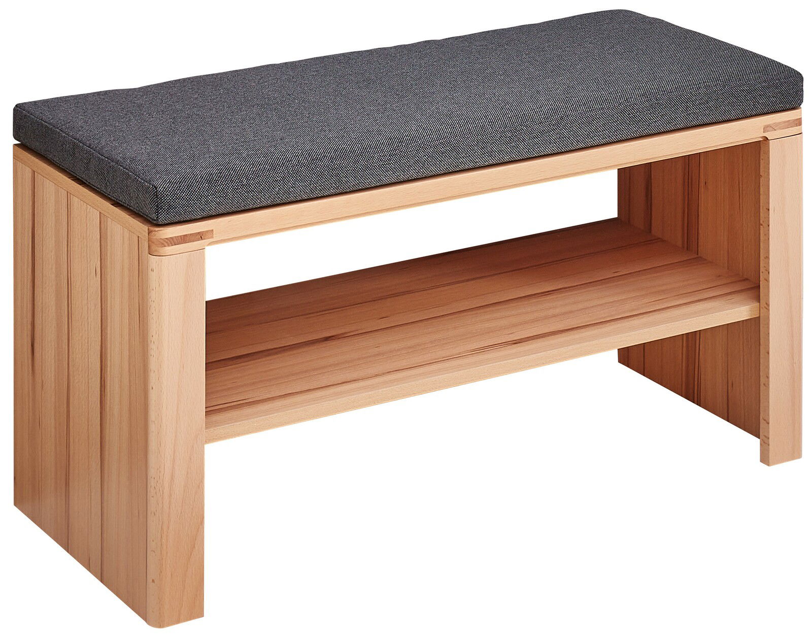 Linea Natura Garderobenbank NATURE ONE Garderobenbank aus Holz mit grauem Polster, seitliche Perspektive