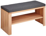 Garderobenbank aus Holz mit grauem Polster, seitliche Perspektive