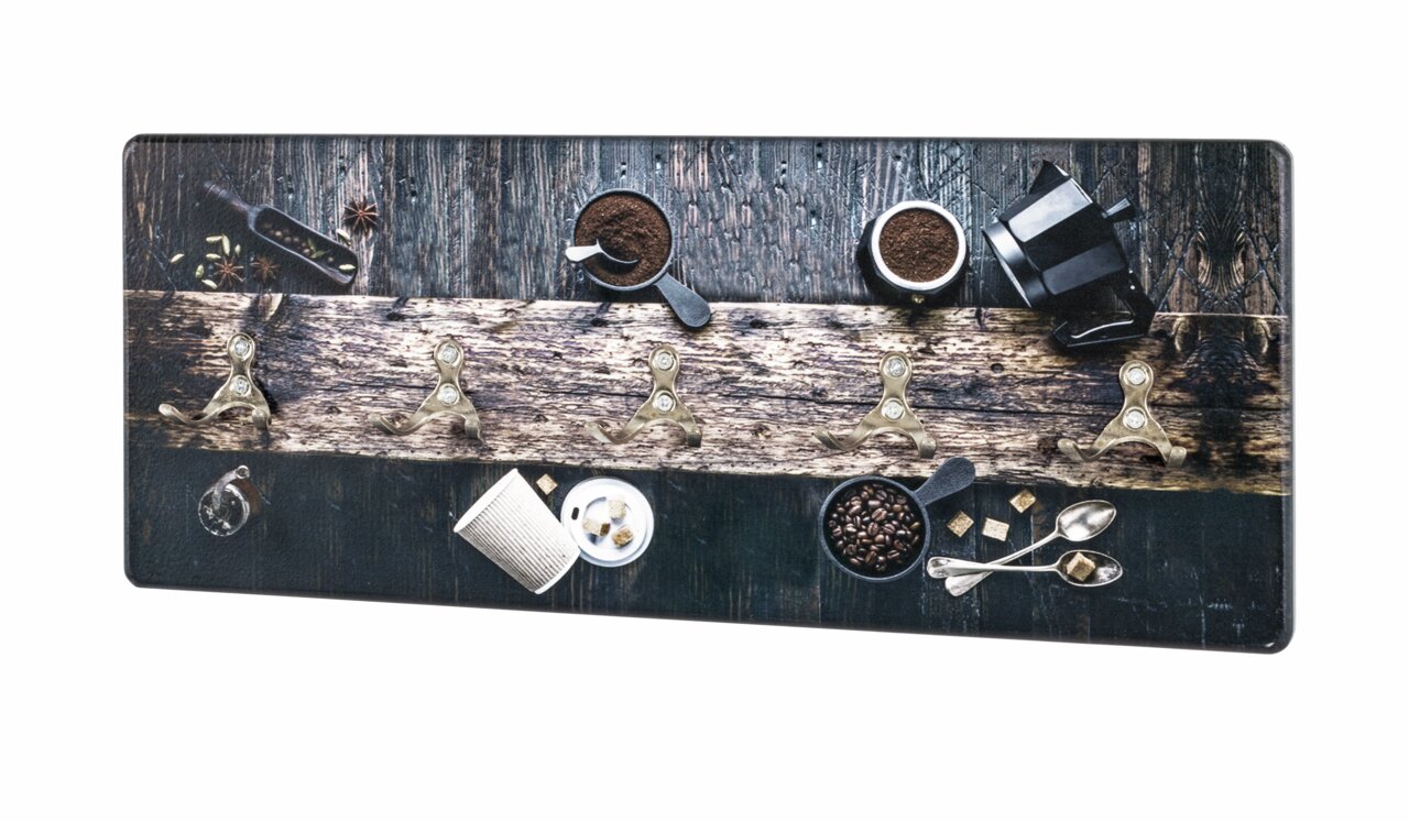 Wandgarderobe mit Kaffeethema, sechs Haken auf rustikalem Holzbrett, Draufsicht