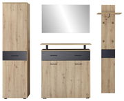 Garderoben-Set aus Holz mit Spiegel, bestehend aus einem hohen Schrank, einer Kommode und einer Wandgarderobe, frontal abgebildet.