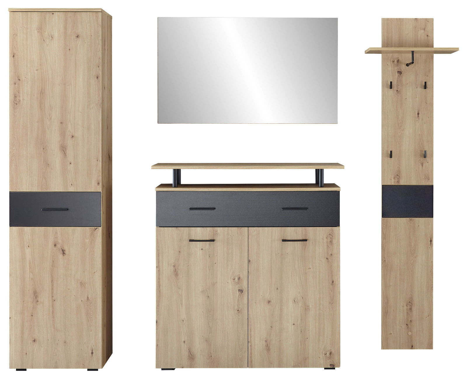 Garderoben-Set aus Holz mit Spiegel, bestehend aus einem hohen Schrank, einer Kommode und einer Wandgarderobe, frontal abgebildet.