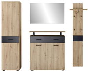 Garderoben-Set aus Holz mit Spiegel, bestehend aus einem hohen Schrank, einer Kommode und einer Wandgarderobe, frontal abgebildet.