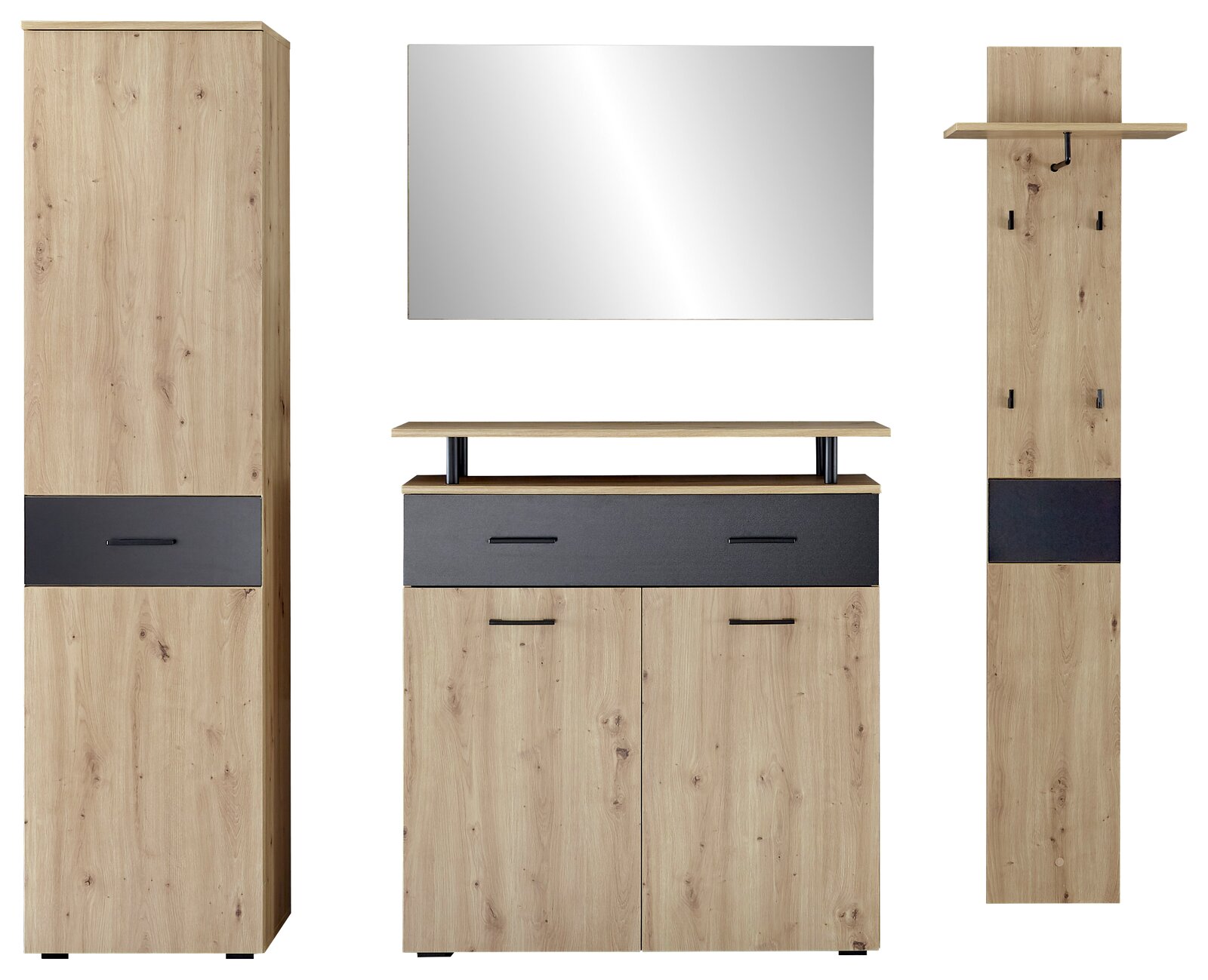 Garderoben-Set aus Holz mit Spiegel, bestehend aus einem hohen Schrank, einer Kommode und einer Wandgarderobe, frontal abgebildet.