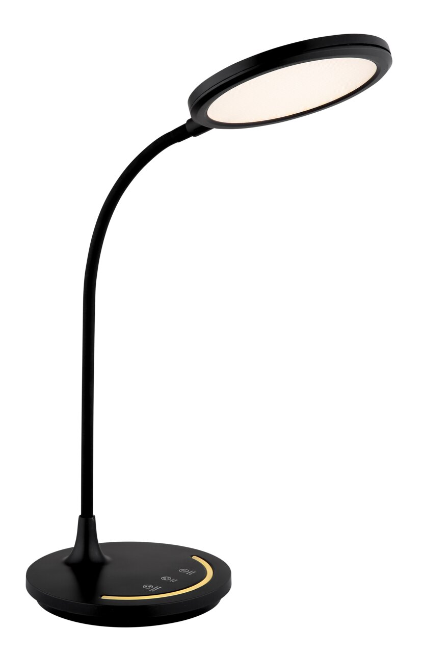 Moderne schwarze Tischleuchte mit flexiblem Hals und rundem Lampenschirm, seitliche Perspektive