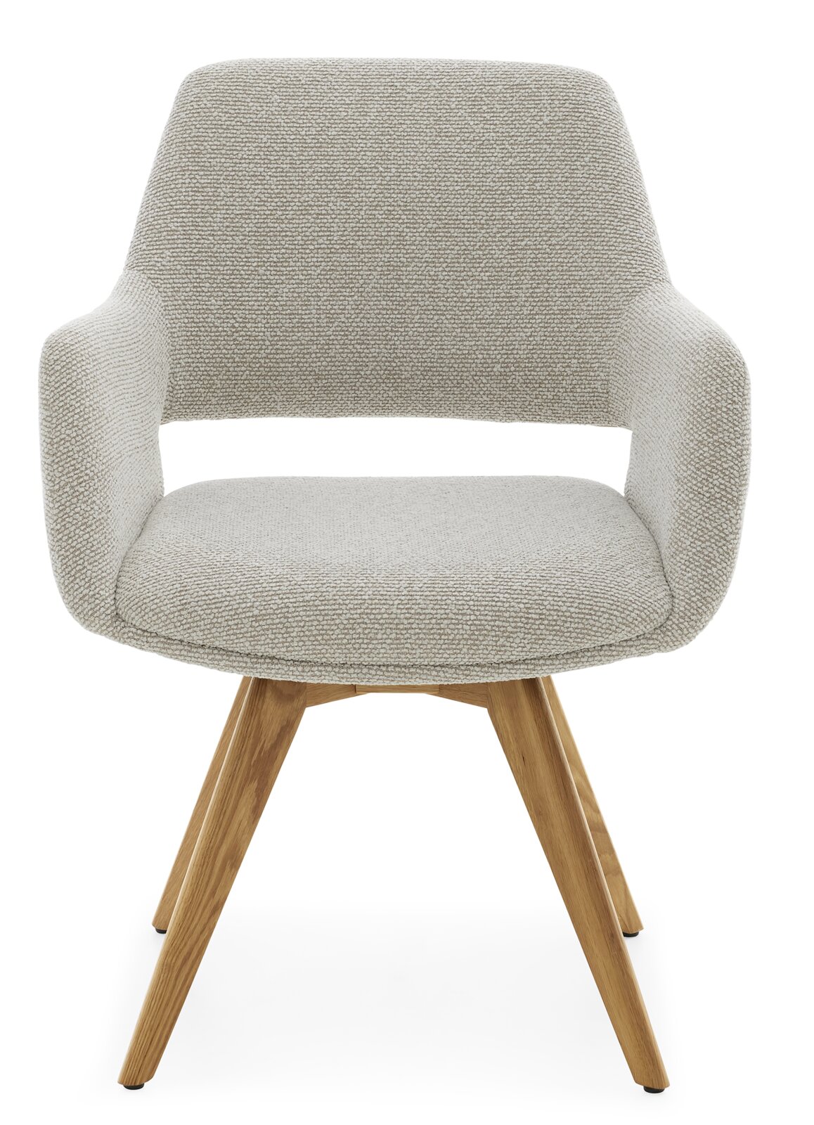 Moderner Armlehnstuhl mit hellgrauem Stoffbezug und Holzbeinen, Frontalansicht