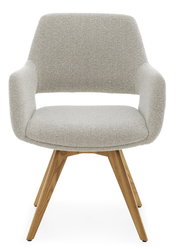 Moderner Armlehnstuhl mit hellgrauem Stoffbezug und Holzbeinen, Frontalansicht