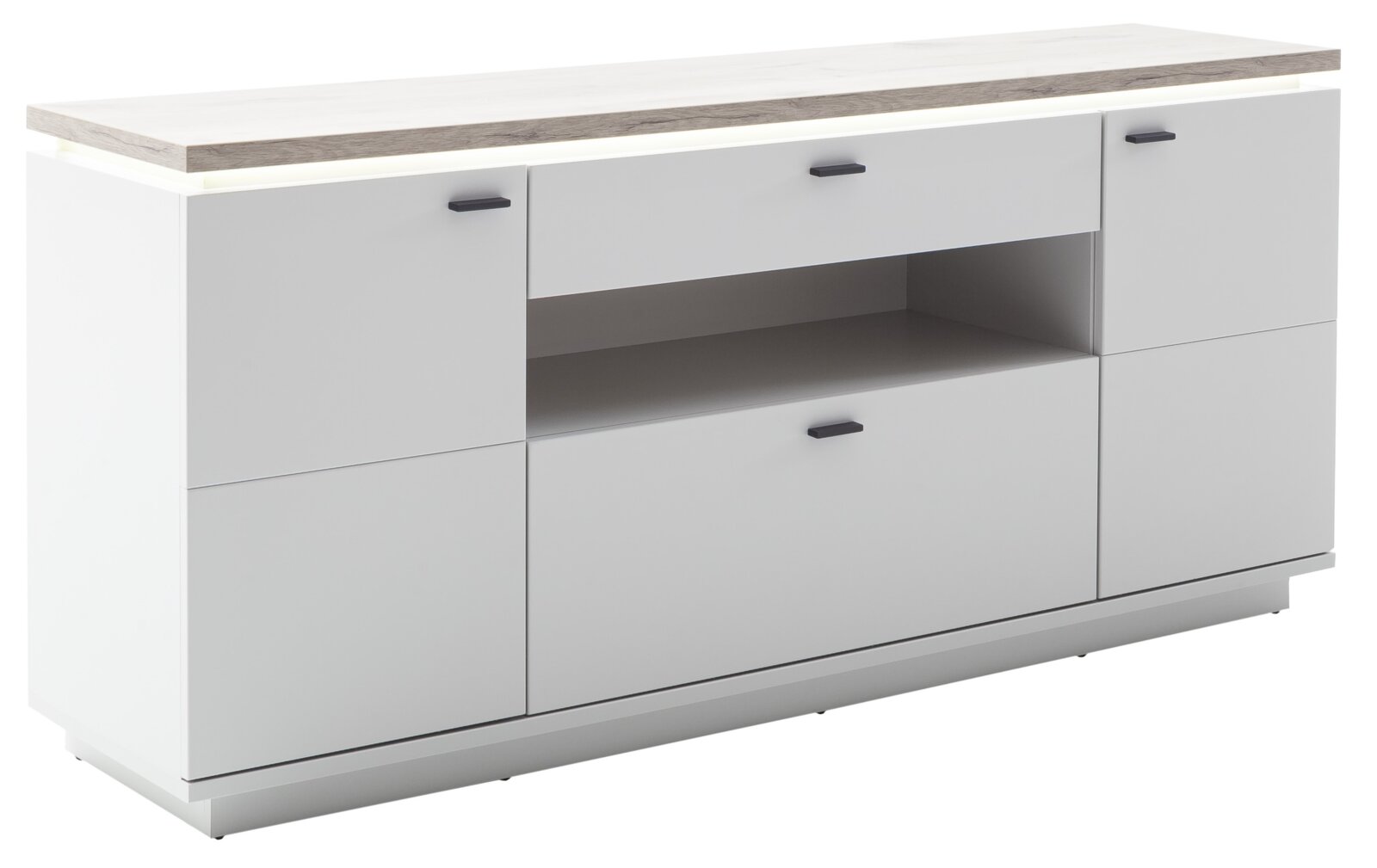 Stylife Sideboard ESTEPONA Modernes Sideboard/TV-Lowboard in Weiß mit grauen Fronten, Holzoptik-Deckplatte und mittlerem offenen Fach, leicht schräg von vorne links fotografiert