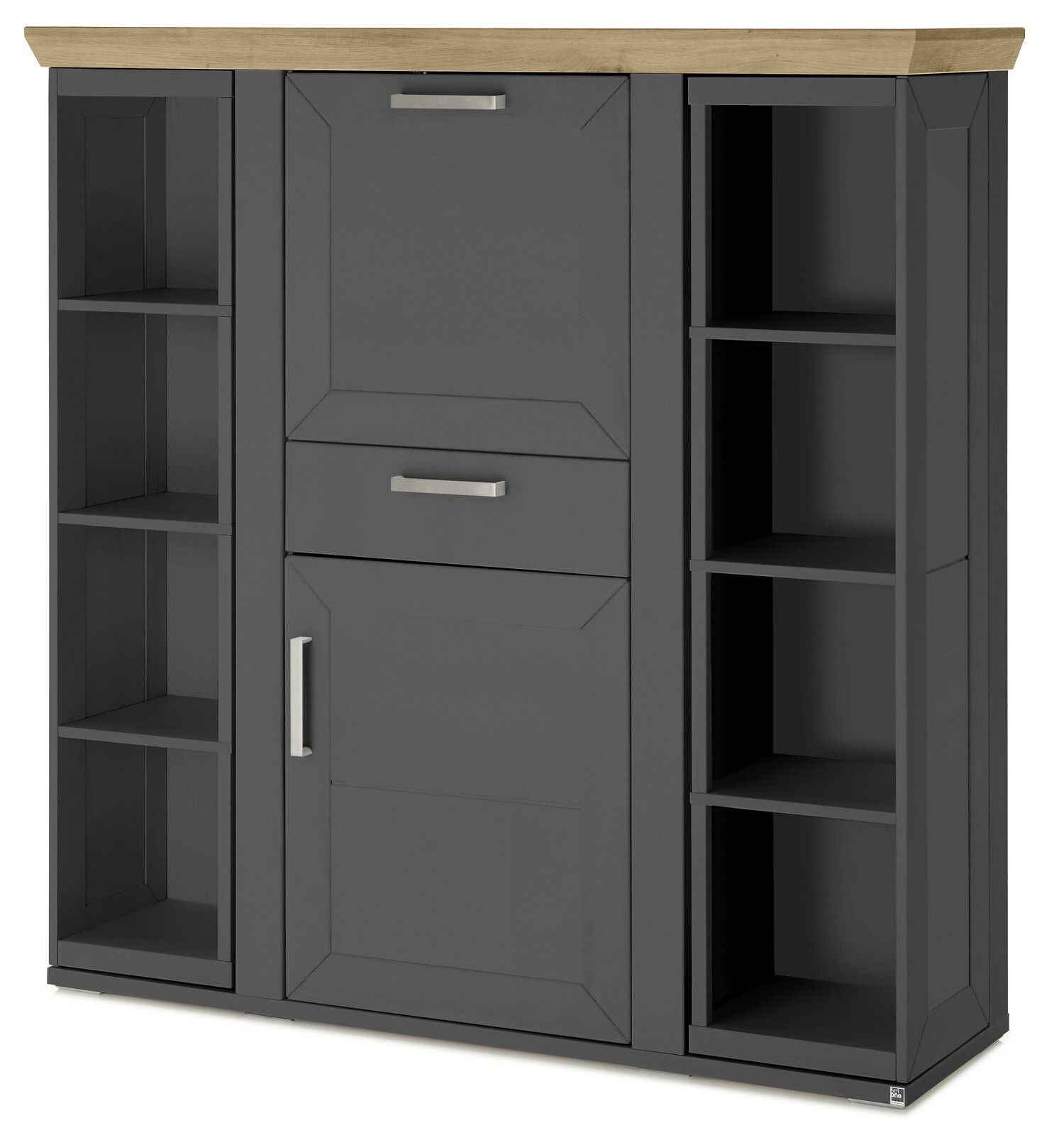 Set one by Musterring Highboard m. Karusell SET ONE YORK Frontansicht eines modernen Highboards mit Karussell, graue Farbe mit Holzplatte, offene Regale an den Seiten.